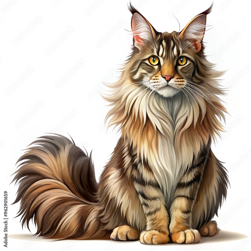 Maine Coon Cat with a fluffy tail sits on a white background Maine Coon Cat with a fluffy tail sits on a white background