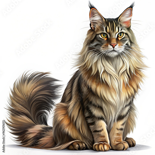 Maine Coon Cat with a fluffy tail sits on a white background