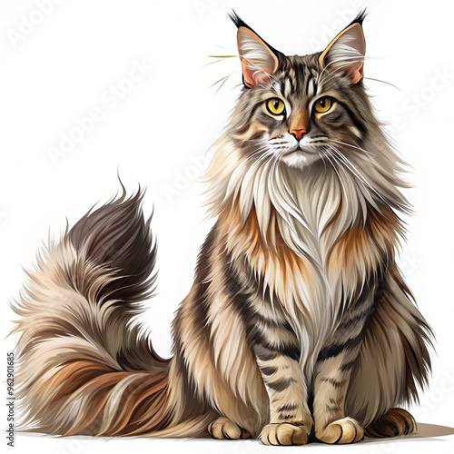 Maine Coon Cat with a fluffy tail sits on a white background