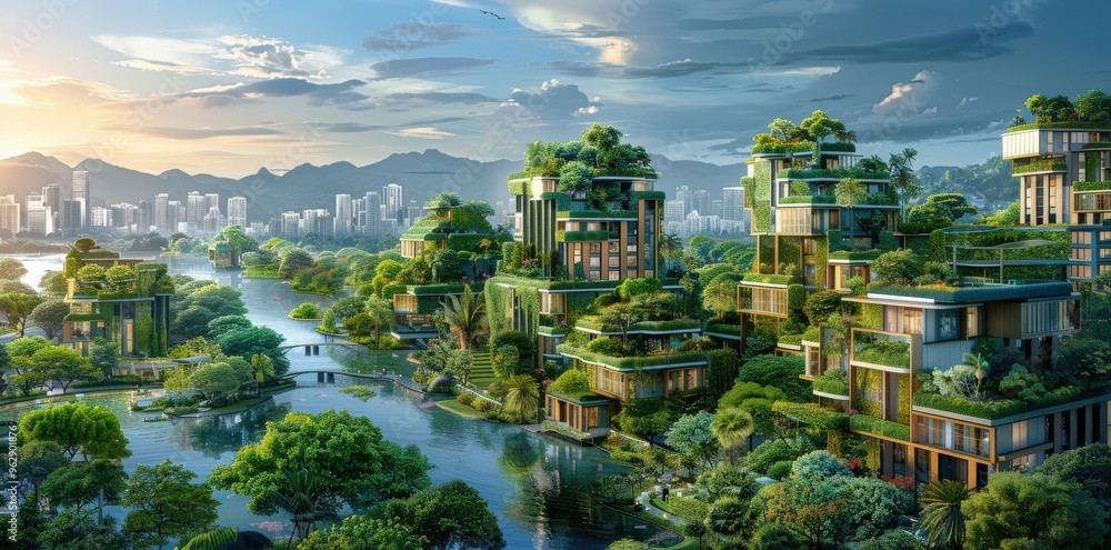 Obraz premium In a lively green cityscape, modern buildings with rooftop gardens highlight sustainable living concepts.