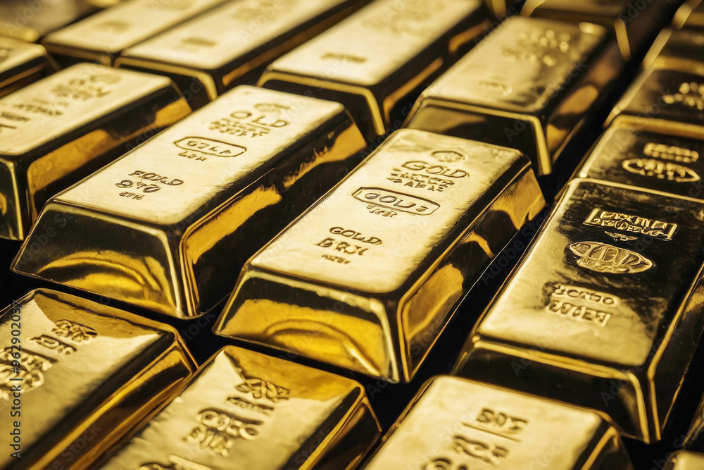 A row of gold bars. The gold bars are stacked on top of each other A row of gold bars. The gold bars are stacked on top of each other