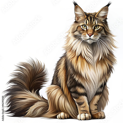 Maine Coon Cat with a fluffy tail sits on a white background