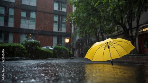 Yellow umbrella under falling rain