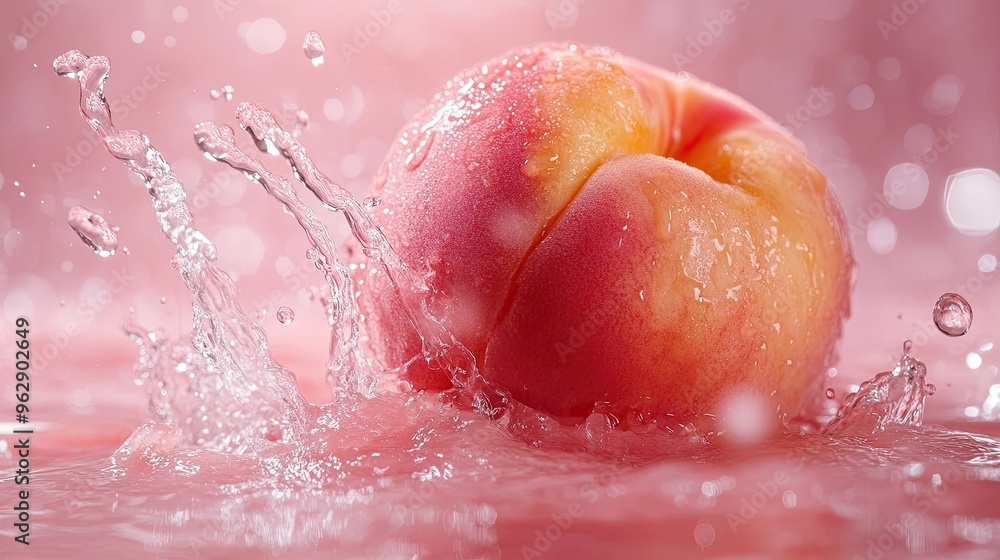 Fototapeta premium Peach Food shot of sweet peach, waterfall splash, liquid explosion
