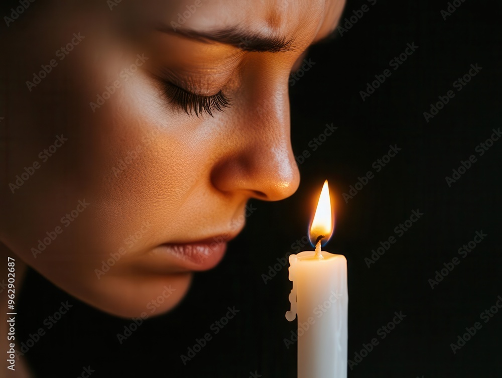 Tear-streaked face lit by a single candle, sorrow, quiet mourning in solitude Tear-streaked face lit by a single candle, sorrow, quiet mourning in solitude