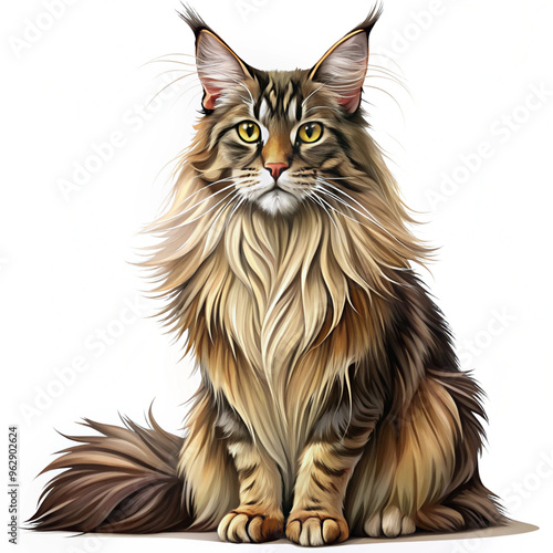 Maine Coon Cat with a fluffy tail sits on a white background