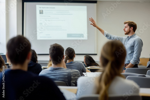 Wallpaper Mural A young male professor gives a presentation to a class of students. He stands at the front of the classroom with his hand raised, gesturing towards a projection screen, while the students sit at desks Torontodigital.ca