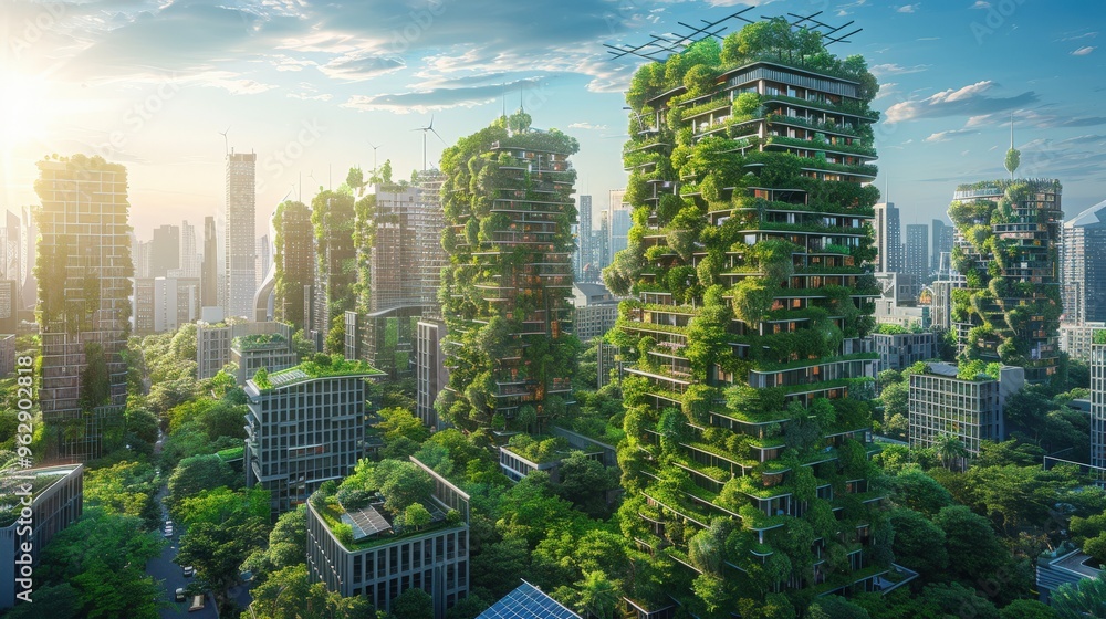 In a vibrant futuristic cityscape, eco-friendly skyscrapers with rooftop parks highlight harmony between nature and urban development. In a vibrant futuristic cityscape, eco-friendly skyscrapers with rooftop parks highlight harmony between nature and urban development.