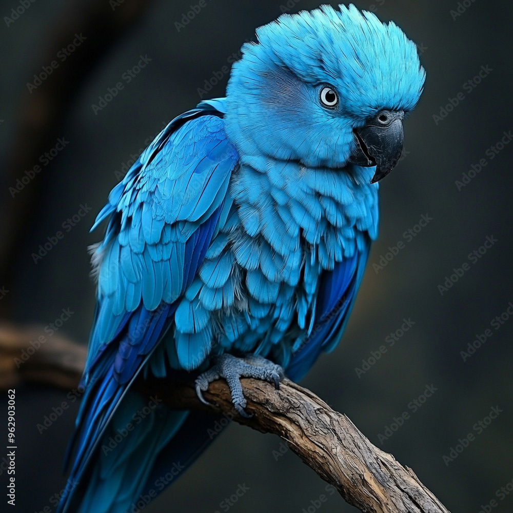 A vibrant blue parrot perched on branch, showcasing its stunning feathers and expressive gaze. A vibrant blue parrot perched on branch, showcasing its stunning feathers and expressive gaze.