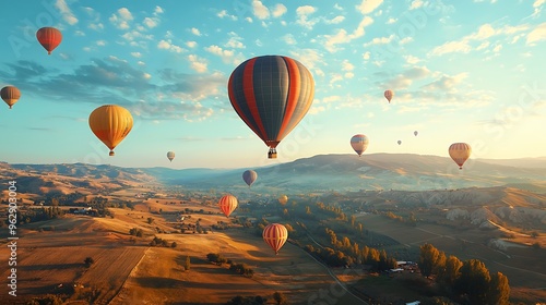 Hot air balloons float gracefully over a landscape at sunrise, painting the sky with vibrant colors against a peaceful backdrop.