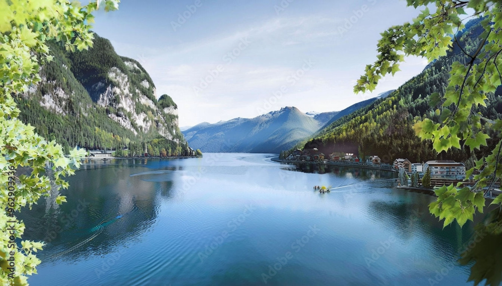Naklejka premium A breathtaking panoramic view of a serene lake surrounded by towering mountains and lush greenery.