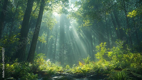 Golden sunbeams stream through the trees and foliage of a forest, creating a magical play of light and shadow.