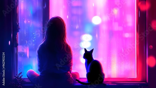 A girl and a cat sit together on windsill before an window, with a neon-lit city outside photo