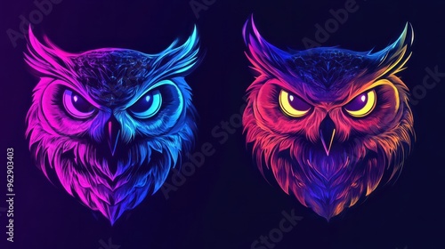 Animal owl head modern logo vector with neon vibrant colors, abstract AI generated