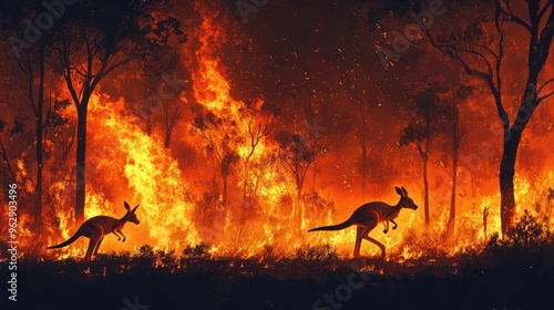 Animals dying in wildfire bushfire burning trees natural disaster concept with intense orange flames in a horizontal modern illustration of kangaroos running from forest fires in Australia