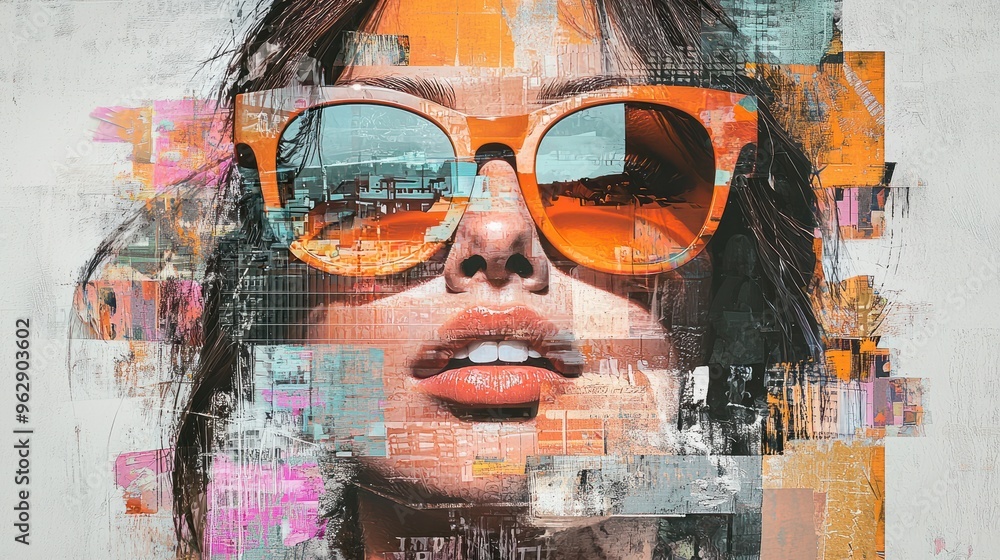 Naklejka premium Artistic urban collage portrait of a woman with sunglasses, ideal for modern art blogs and creative advertising campaigns