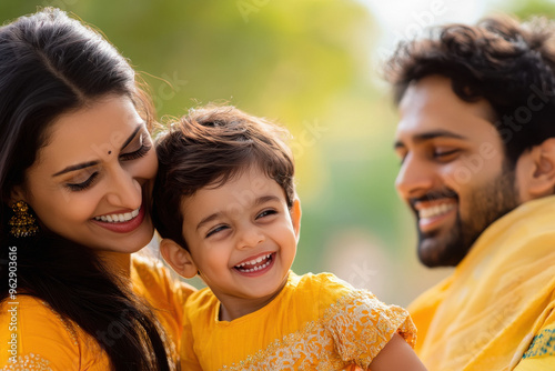 happy indian family playing with their kid, vibrant stylish outfit