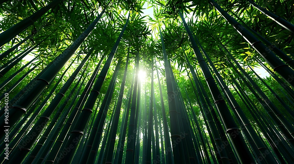 Lush green bamboo rises in a forest, sunlight streaming through the canopy to create a serene and vibrant scene. Lush green bamboo rises in a forest, sunlight streaming through the canopy to create a serene and vibrant scene.