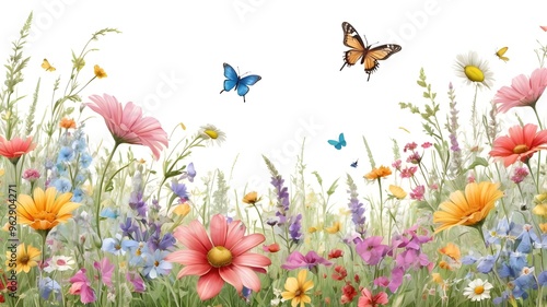 A detailed HD illustration of a summer meadow with a seamless floral pattern. The watercolor horizontal border features a rich array of wildflowers, butterflies, and dragonflies