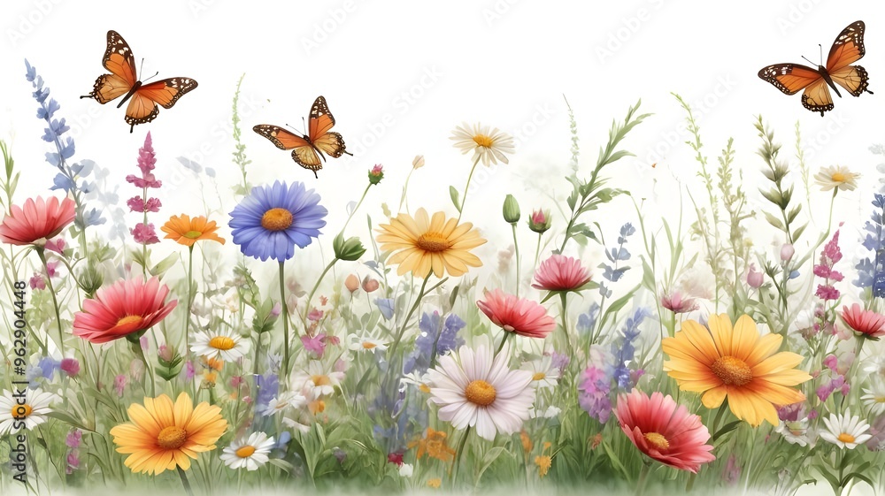 A detailed HD illustration of a summer meadow with a seamless floral pattern. The watercolor horizontal border features a rich array of wildflowers, butterflies, and dragonflies A detailed HD illustration of a summer meadow with a seamless floral pattern. The watercolor horizontal border features a rich array of wildflowers, butterflies, and dragonflies