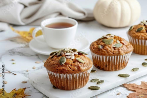 Autumn and winter baked pastries. Healthy pumpkin muffins with traditional fall spices, pumpkin seeds. With tea cup. White marble table, copy space