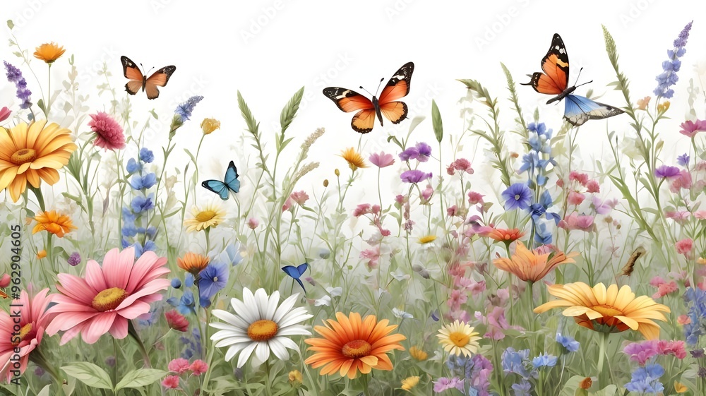 A detailed HD illustration of a summer meadow with a seamless floral pattern. The watercolor horizontal border features a rich array of wildflowers, butterflies, and dragonflies A detailed HD illustration of a summer meadow with a seamless floral pattern. The watercolor horizontal border features a rich array of wildflowers, butterflies, and dragonflies