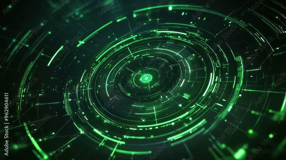 Circular design with green lines and arcs, futuristic radar like technology image