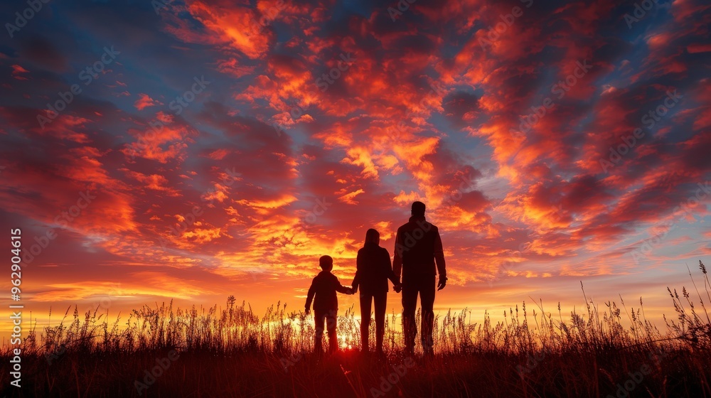 Fototapeta premium A beautiful sunset silhouette of a family standing together against a radiant sky of red, orange, and pink hues.