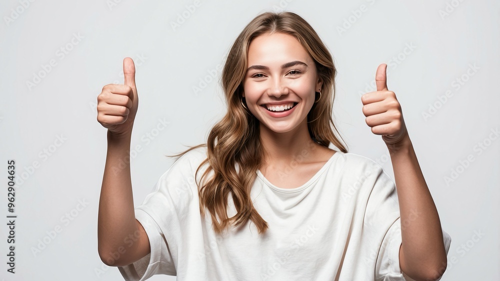 A smiling woman giving an OK sign with one hand and a thumbs-up gesture with the other, showing happiness and success A smiling woman giving an OK sign with one hand and a thumbs-up gesture with the other, showing happiness and success