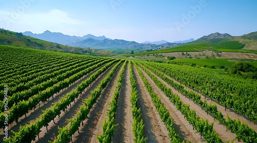 An aerial view reveals neat vineyard rows in a mountainous landscape, blending cultivated land with natural beauty.