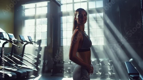 Athletic woman standing in a gym with sunlight streaming through windows