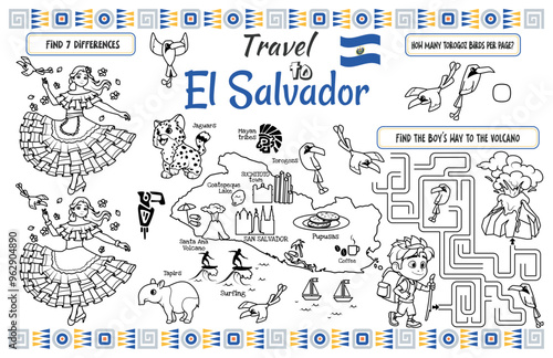 A fun placemat for kids. Printable “Travel to El Salvador” activity sheet with a labyrinth and find the differences. 17x11 inch printable vector file