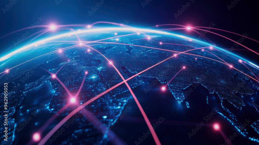 Fototapeta premium A visually stunning representation of global connectivity, showcasing illuminated networks and satellite communication over the Earth.