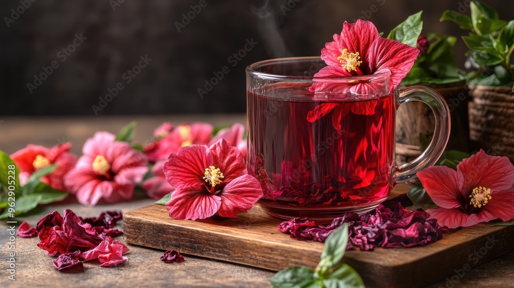 Hibiscus extract tea in a glass cup with blooming hibiscus flowers, loose petals, and a wooden tray Hibiscus extract tea in a glass cup with blooming hibiscus flowers, loose petals, and a wooden tray