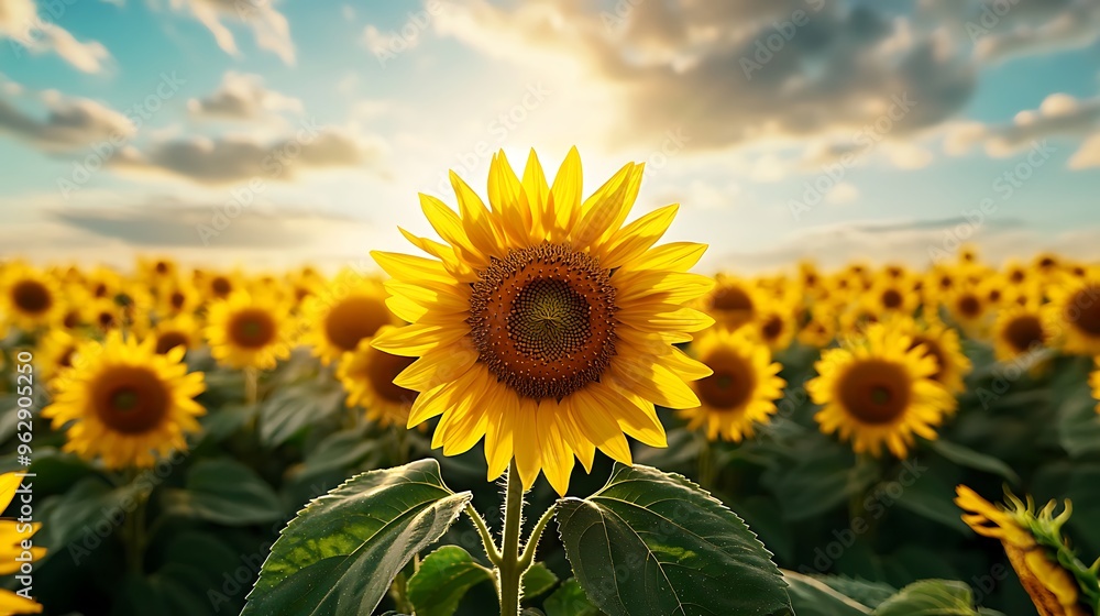 Fototapeta premium A sunflower field glows at sunset, with golden flowers standing out against a dramatic cloudy sky.