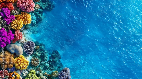 A vibrant coral reef stands out against a blue water background, showcasing the diversity and beauty of the ocean�s ecosystem.