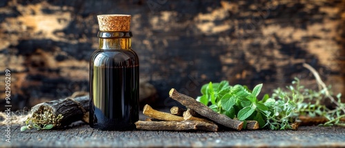 Licorice root extract in a dark amber bottle with dried licorice roots, green herbs, and a rustic background photo