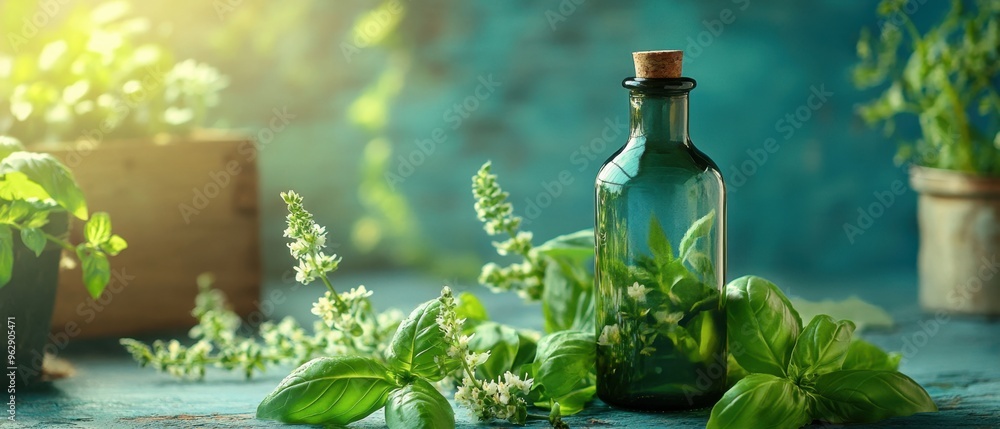 Holy basil extract in a dark glass bottle with fresh basil leaves, blooming flowers, and a serene background Holy basil extract in a dark glass bottle with fresh basil leaves, blooming flowers, and a serene background