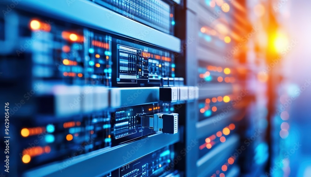 Close-up view of modern server technology with illuminated components, representing data storage and computing power. Close-up view of modern server technology with illuminated components, representing data storage and computing power.
