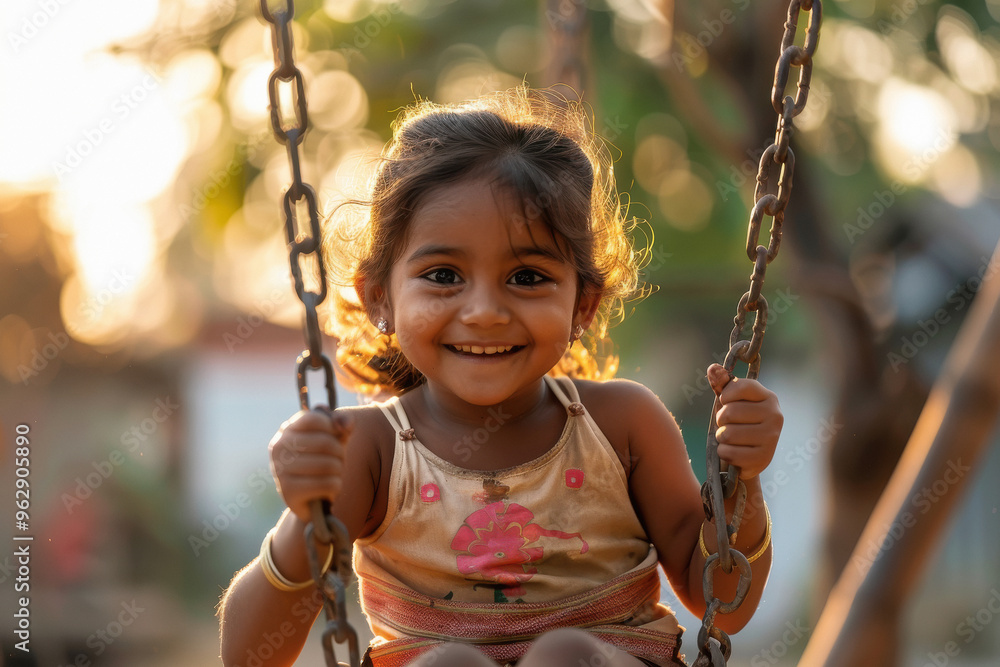 Cute indian little girl swinging swing at garden Cute indian little girl swinging swing at garden