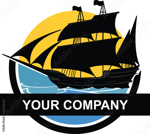 vector illustration of a logo of a sailing ship with an evening sky background