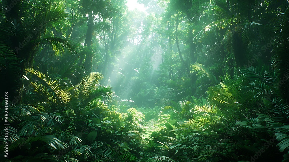 A lush tropical rainforest is bathed in sunlight streaming through the canopies, creating a serene and vibrant natural sanctuary. A lush tropical rainforest is bathed in sunlight streaming through the canopies, creating a serene and vibrant natural sanctuary.