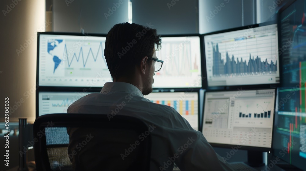 A man working in a high-tech office, analyzing data on multiple screens, indicating a busy, data-driven environment. A man working in a high-tech office, analyzing data on multiple screens, indicating a busy, data-driven environment.