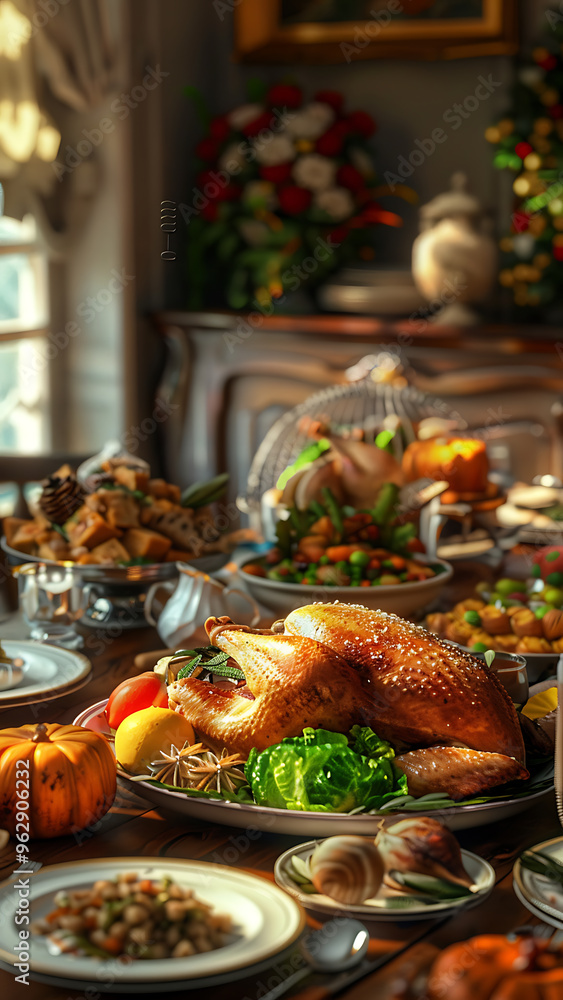 Naklejka premium Festive Holiday Feast with Roast Turkey and Sides