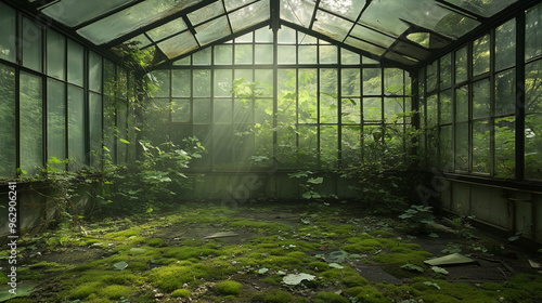 Tranquil Abandoned Greenhouse with Moss-Covered Floor and Sunlit Foliage