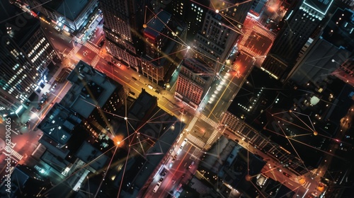 A night aerial view of a vibrant cityscape, showing bustling streets crisscrossed with golden light, revealing a web of connectivity and urban activity.