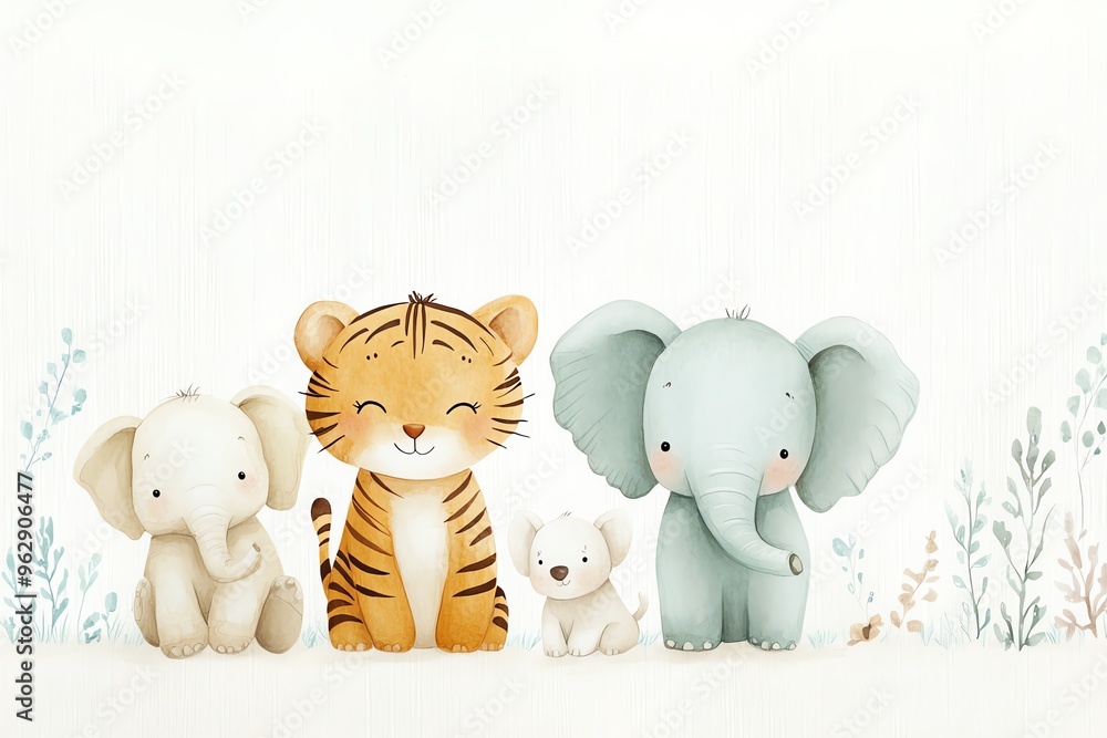 Cute cartoon animals featuring a tiger, elephant, and puppy in a whimsical style perfect for children's decor. Cute cartoon animals featuring a tiger, elephant, and puppy in a whimsical style perfect for children's decor.