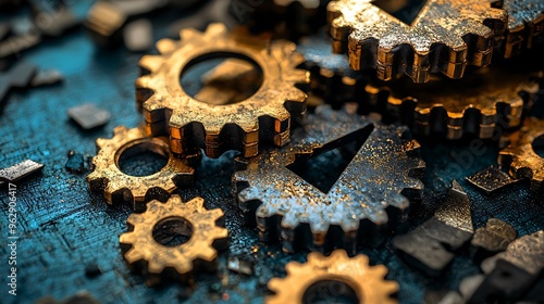 Golden gears on a blue background showcase the intricate beauty and functionality of mechanical engineering.