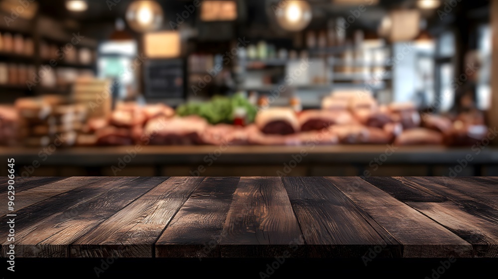 wooden table with blurred meat in butcher shop background wooden table with blurred meat in butcher shop background