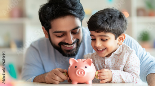 Indian father and mother with son putting coins into a piggy bank at home